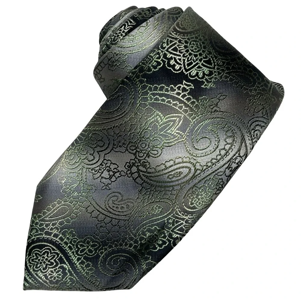 Vintage Van Heusen Tie Paisley Mens Green Grey 100% Silk Jacquard Formal Necktie